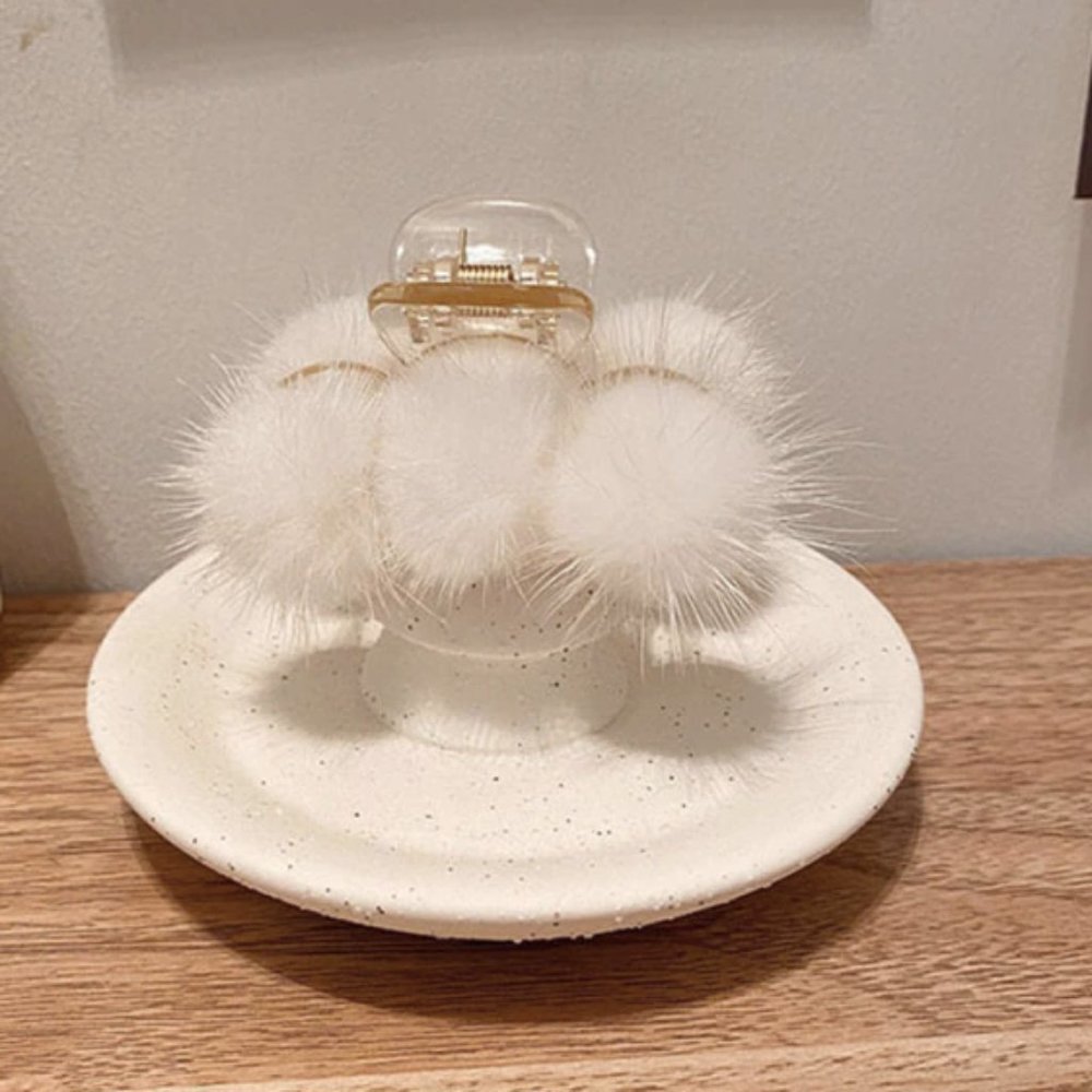 Small Mink Pom Pom Hair Clip Hair Jaw Claw • Black Tan or White • Genuine Fur - Picture 5 of 16
